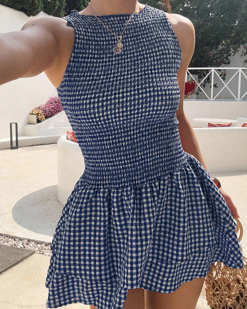 Vyla™ Smocked Gingham Sleeveless Ruffle Mini Dress