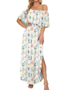 Vyla™ Floral Off-Shoulder Maxi Dress Ruffle Short Sleeve Split Long Dress