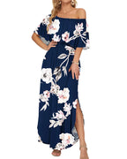 Vyla™ Floral Off-Shoulder Maxi Dress Ruffle Short Sleeve Split Long Dress