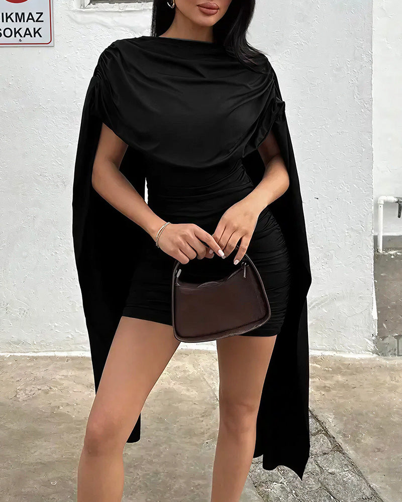 Vyla™ Cowl Neck Cape Mini Dress Sleeveless Slim Fit Party Dress