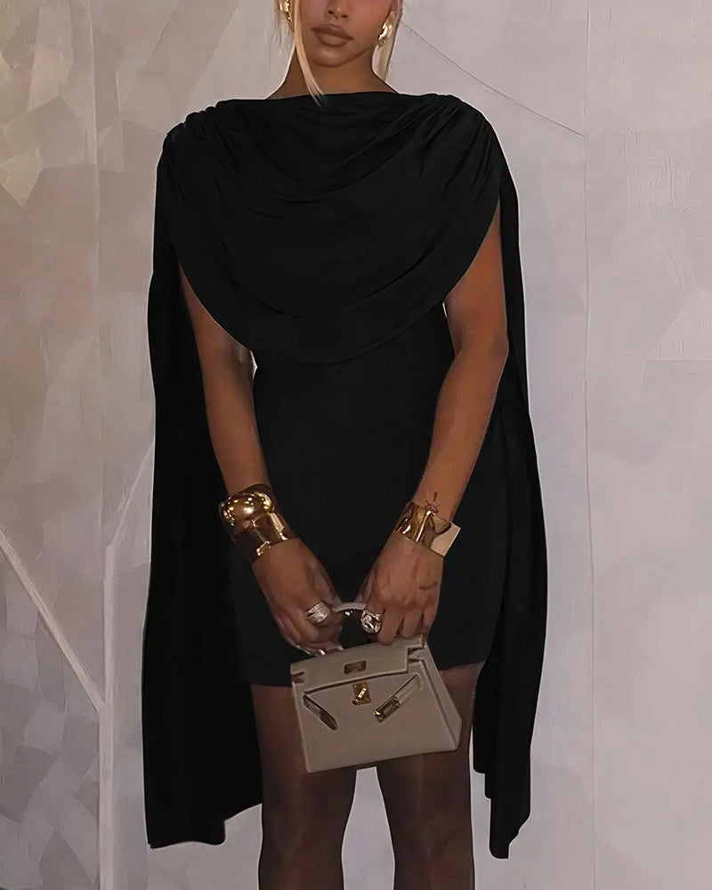 Vyla™ Cowl Neck Cape Mini Dress Sleeveless Slim Fit Party Dress