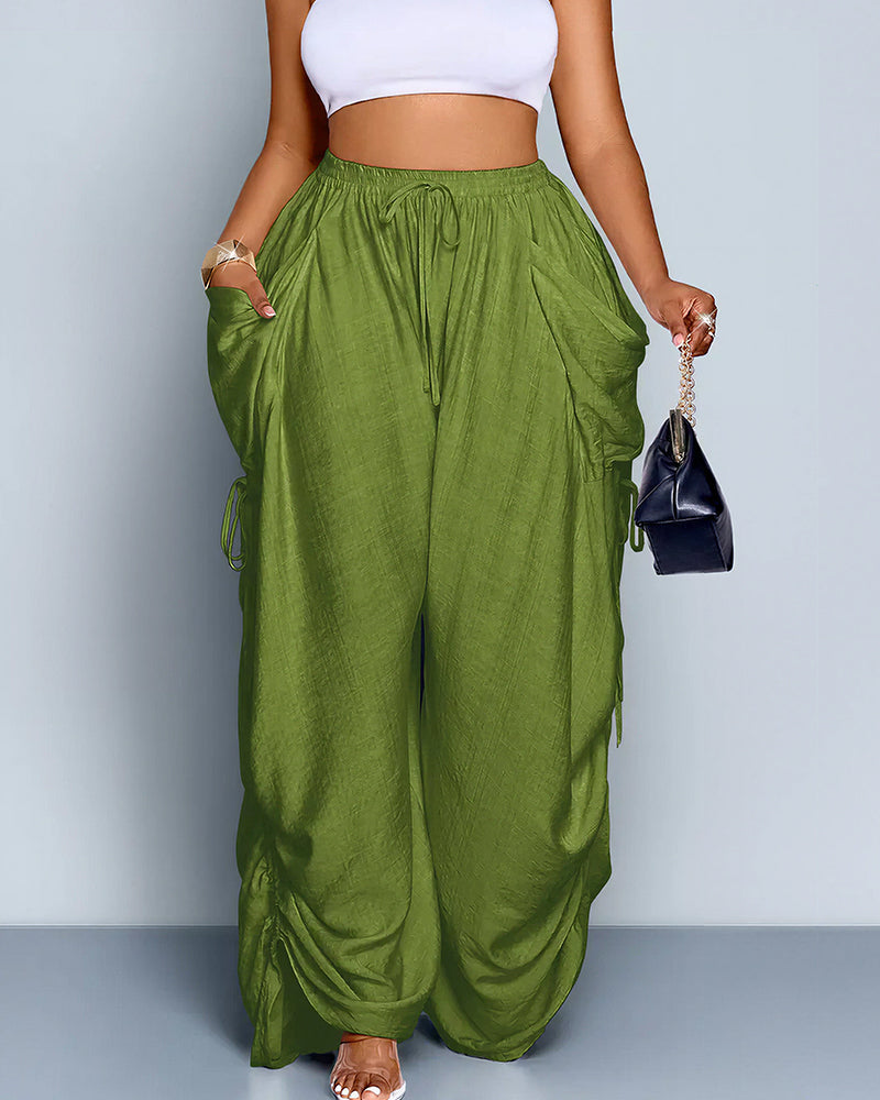 Vyla™ High Waisted Drawstring Wide Leg Linen Blend Casual Pants