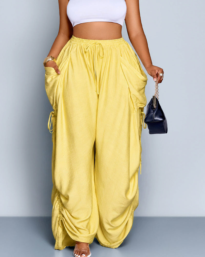 Vyla™ High Waisted Drawstring Wide Leg Linen Blend Casual Pants