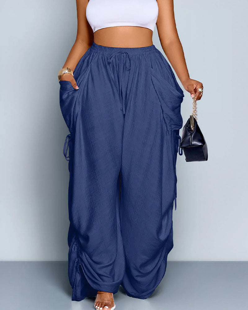 Vyla™ High Waisted Drawstring Wide Leg Linen Blend Casual Pants
