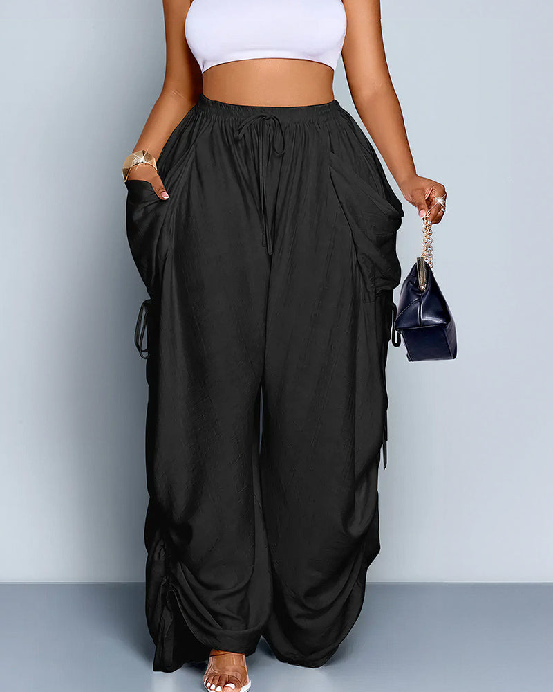 Vyla™ High Waisted Drawstring Wide Leg Linen Blend Casual Pants