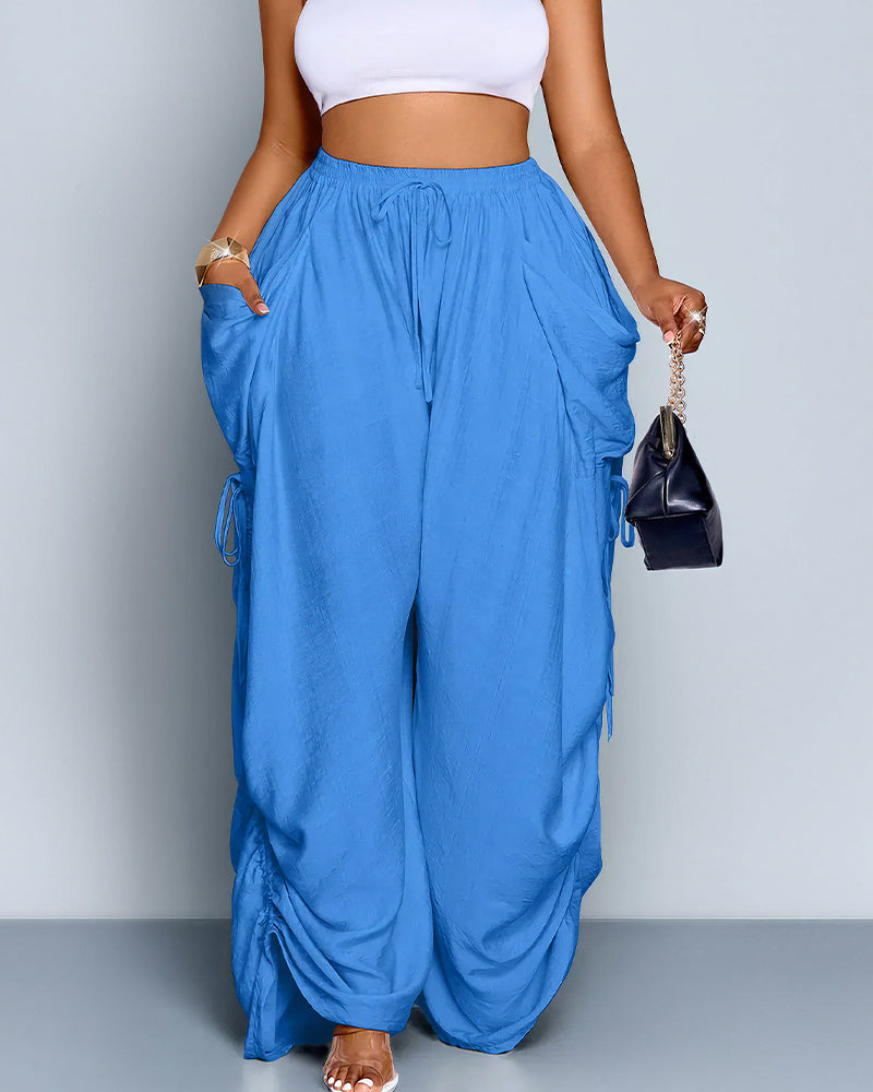 Vyla™ High Waisted Drawstring Wide Leg Linen Blend Casual Pants