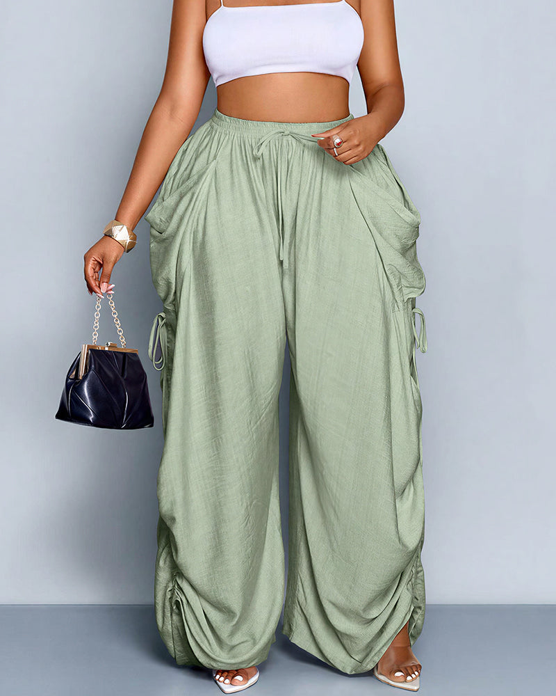 Vyla™ High Waisted Drawstring Wide Leg Linen Blend Casual Pants