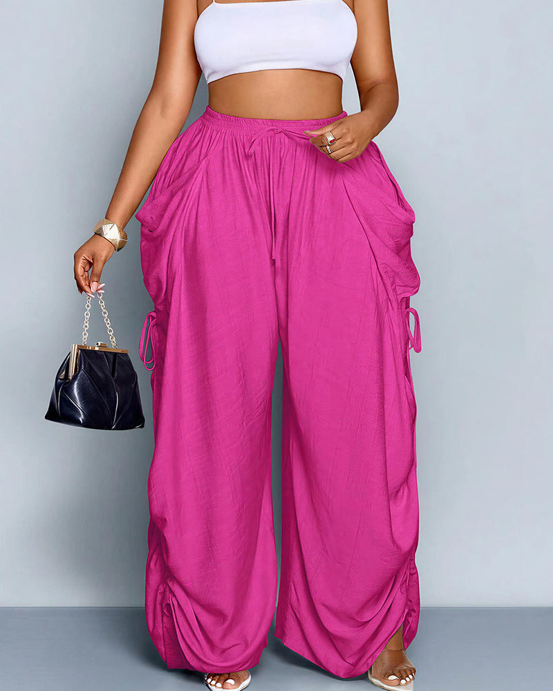 Vyla™ High Waisted Drawstring Wide Leg Linen Blend Casual Pants