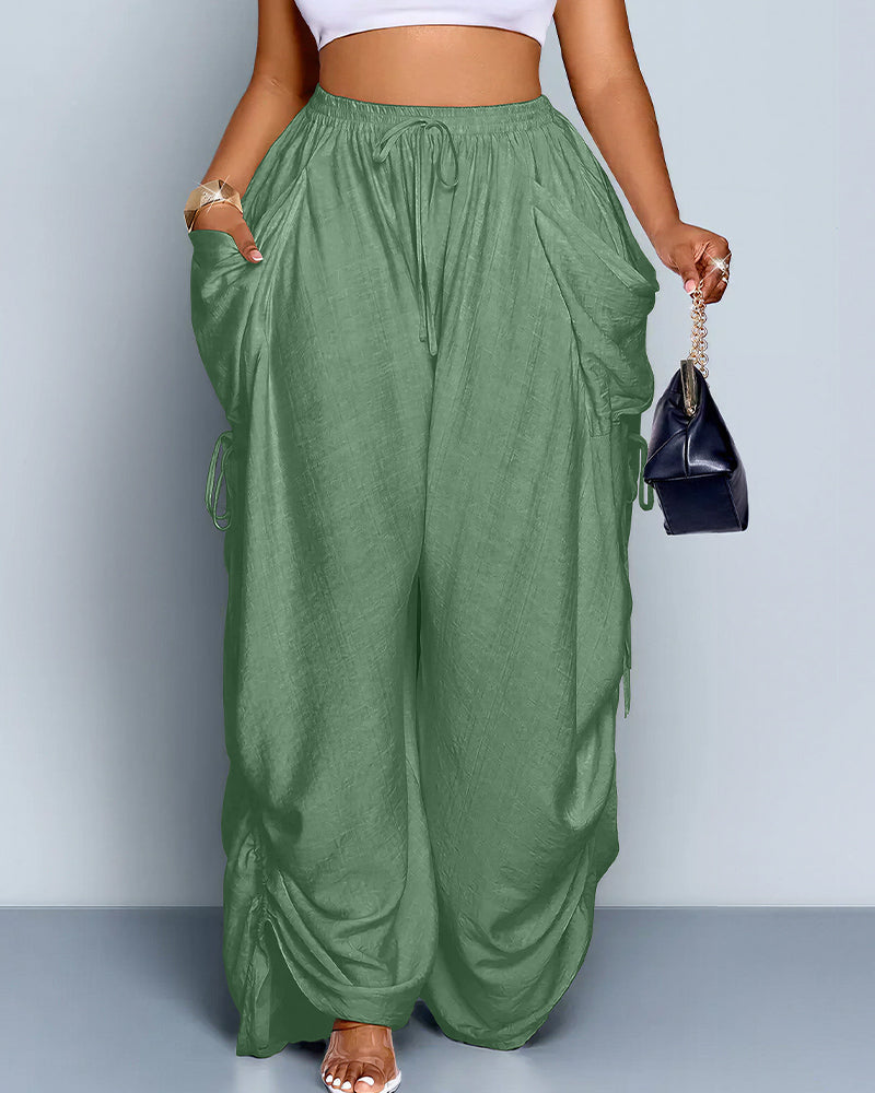 Vyla™ High Waisted Drawstring Wide Leg Linen Blend Casual Pants