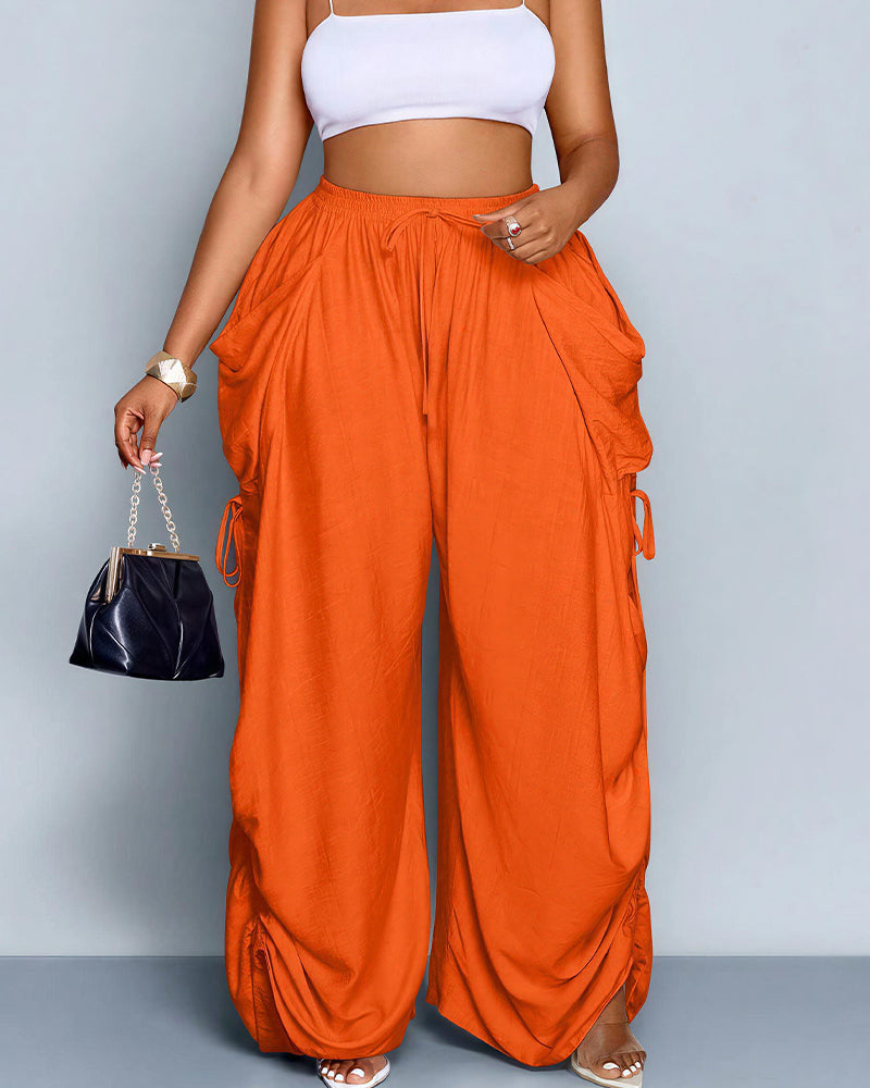 Vyla™ High Waisted Drawstring Wide Leg Linen Blend Casual Pants