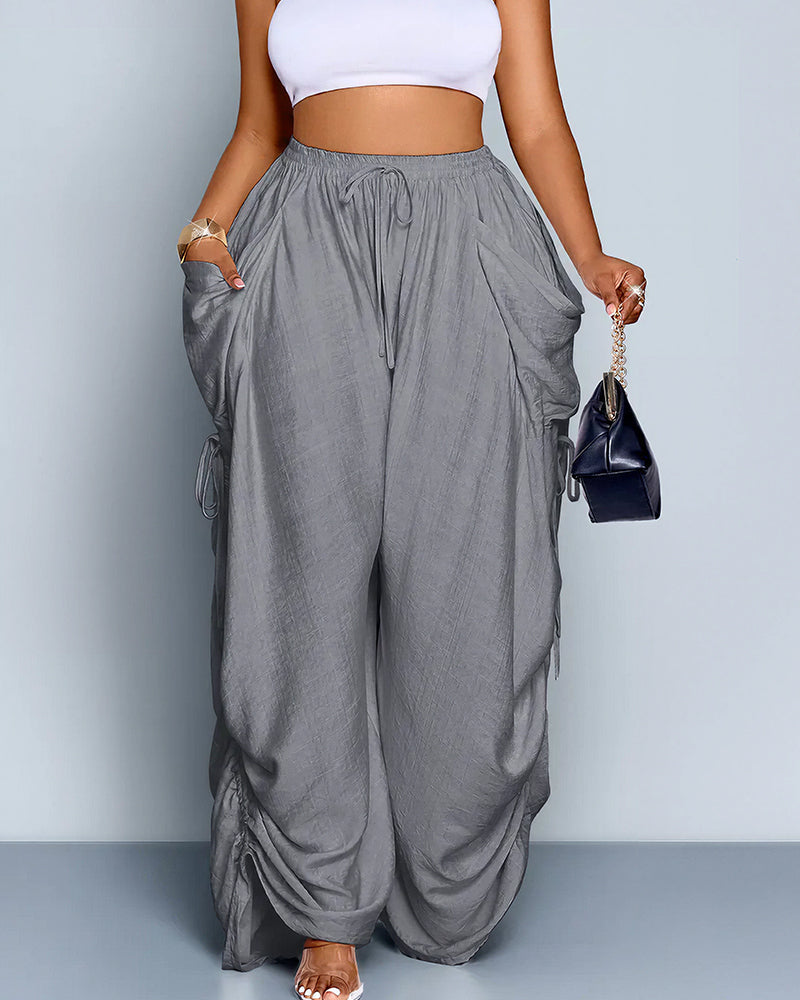 Vyla™ High Waisted Drawstring Wide Leg Linen Blend Casual Pants