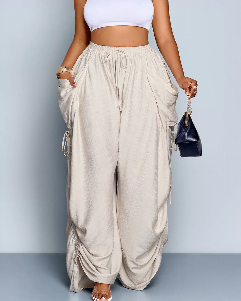 Vyla™ High Waisted Drawstring Wide Leg Linen Blend Casual Pants