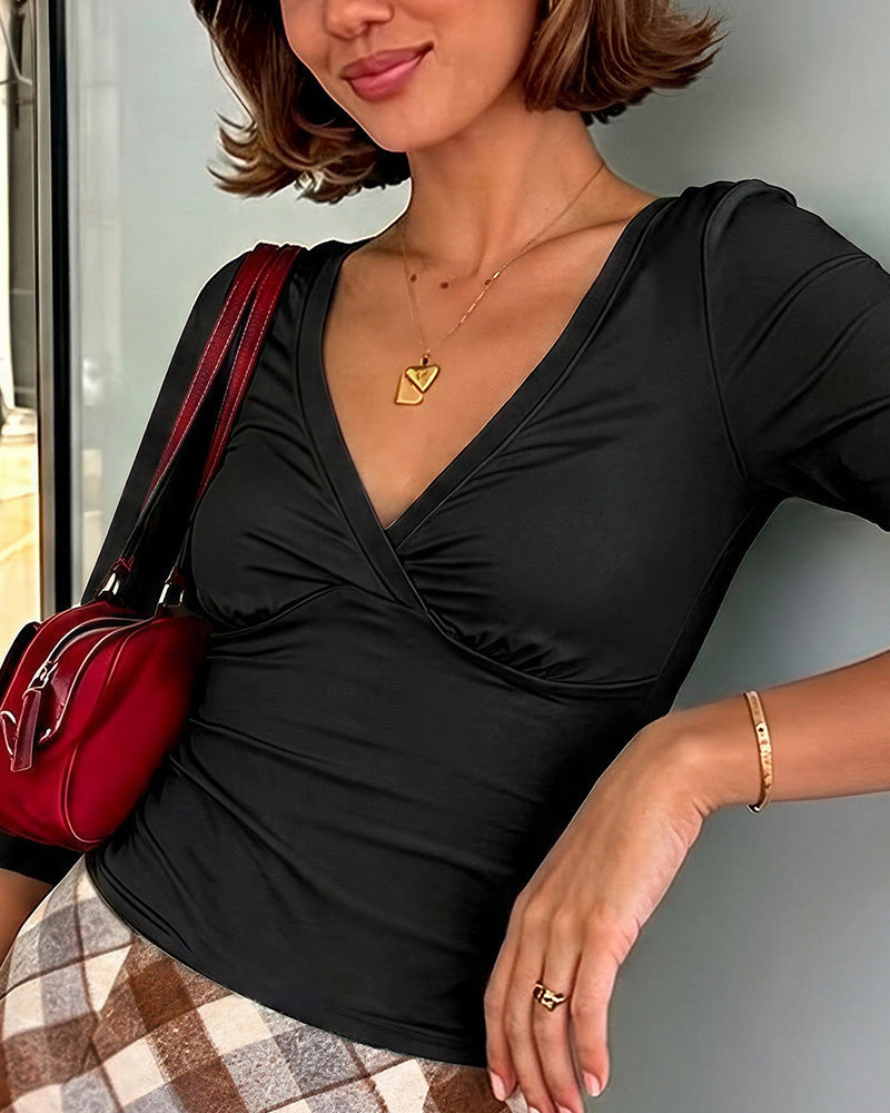 Vyla™ Deep V-Neck Ruched 3/4 Sleeve Slim Fit T-Shirt