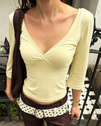 Vyla™ Deep V-Neck Ruched 3/4 Sleeve Slim Fit T-Shirt