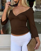 Vyla™ Deep V-Neck Ruched 3/4 Sleeve Slim Fit T-Shirt