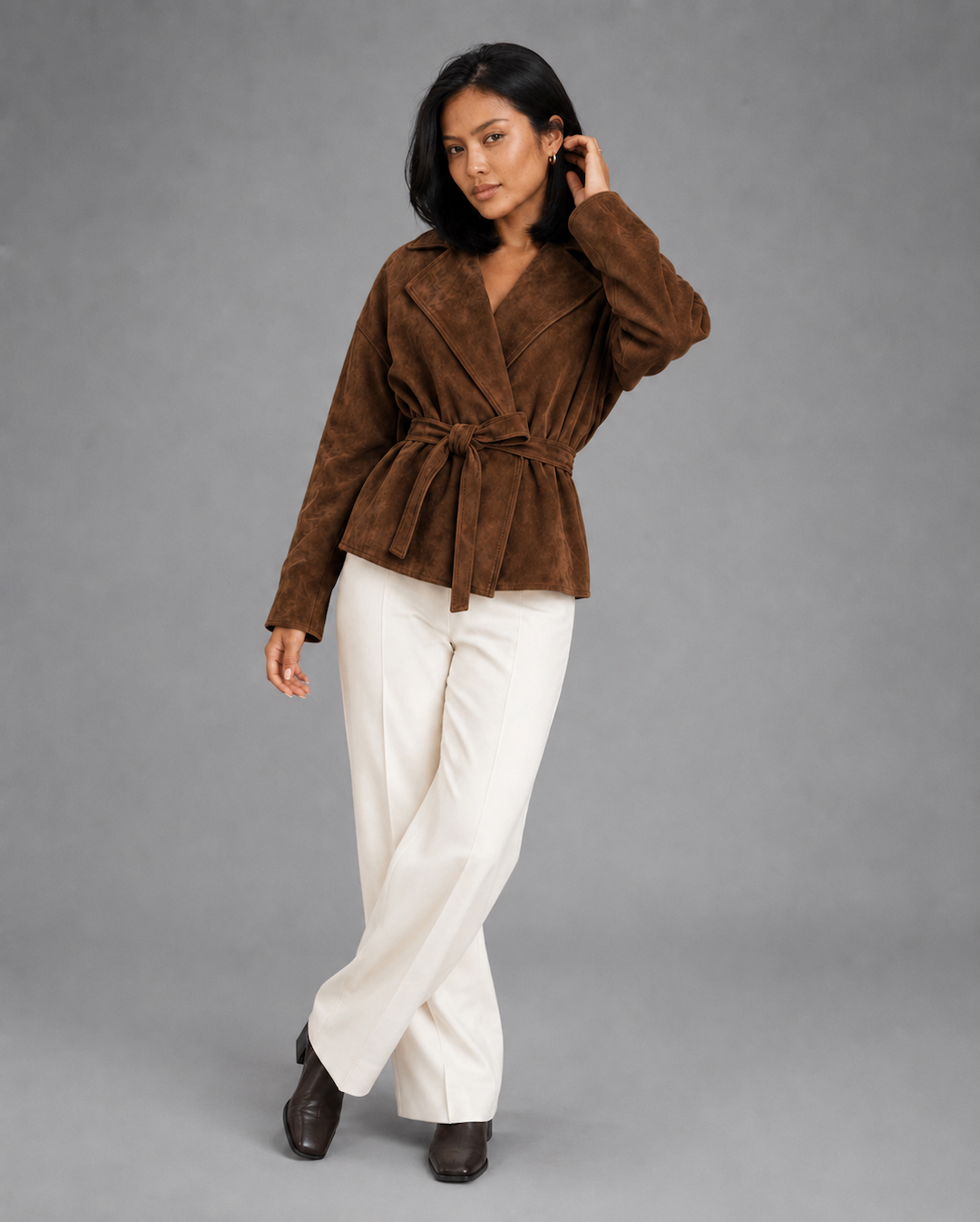 Vyla™ Lapel Faux Suede Belted Short Jacket