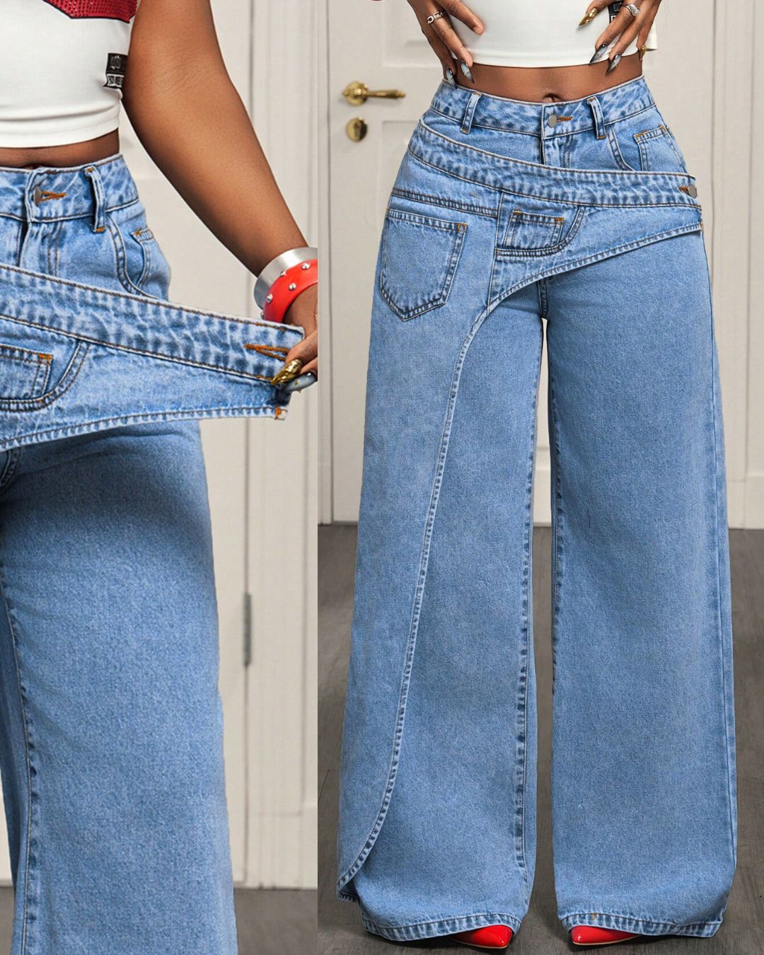 Aloveta™ Button & Asymmetric Pocket Wide-Leg Jeans