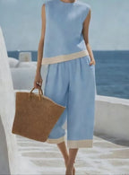 Vyla™ Coastal Breeze Cotton Linen Contrast Trim Two-Piece Set