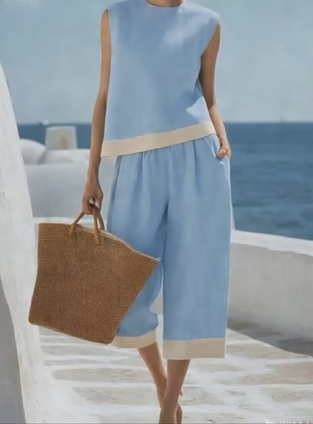 Vyla™ Coastal Breeze Cotton Linen Contrast Trim Two-Piece Set