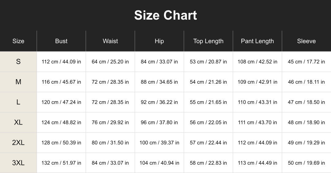 Aloveta cuct260424 size chart in cm and inches