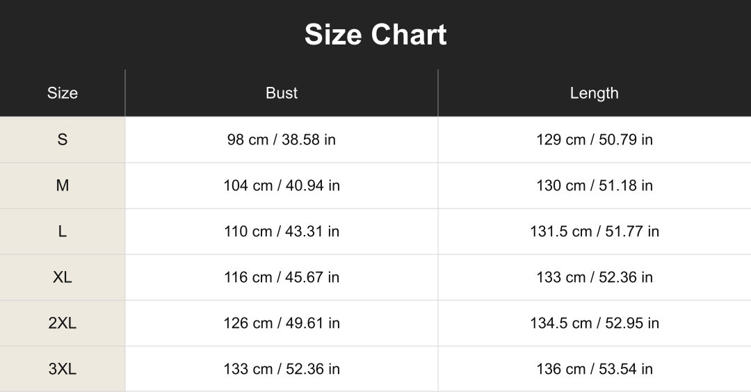 Aloveta cuct260524 size chart in cm and inches