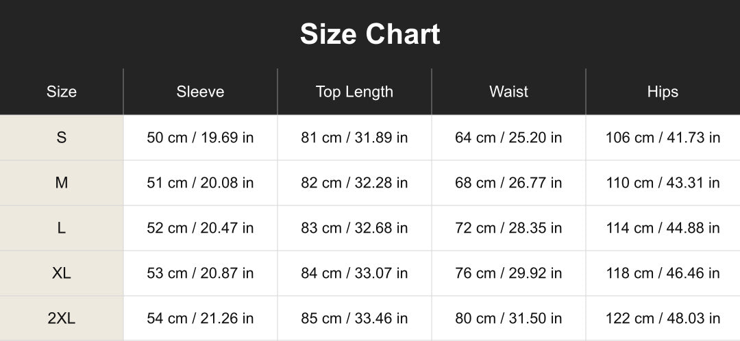 Aloveta cuct260661 size chart in cm and inches