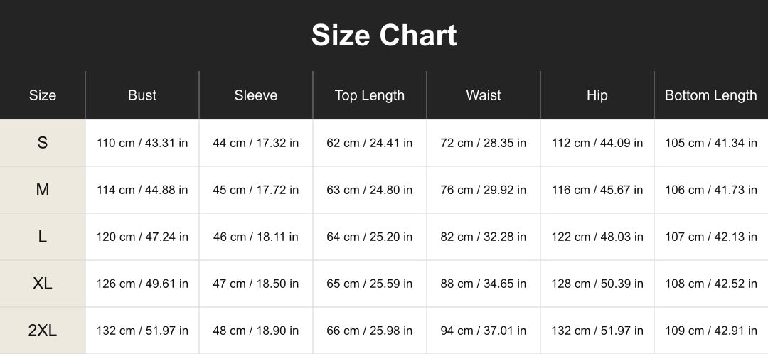 Aloveta cuct260684 size chart in cm and inches