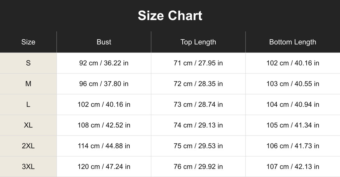 Aloveta cuct260731 size chart in cm and inches