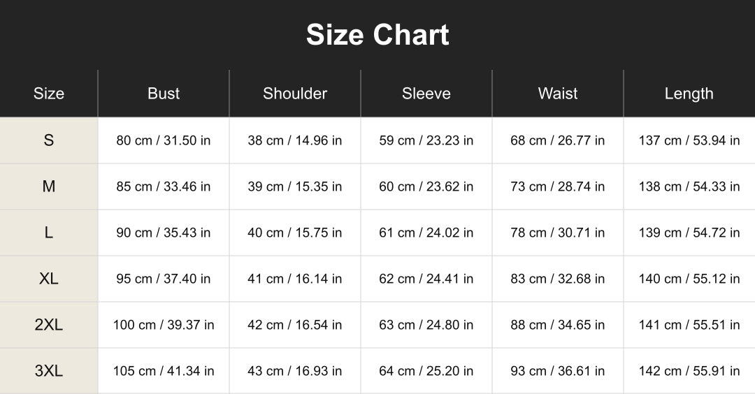 Aloveta cuct260860 size chart in cm and inches