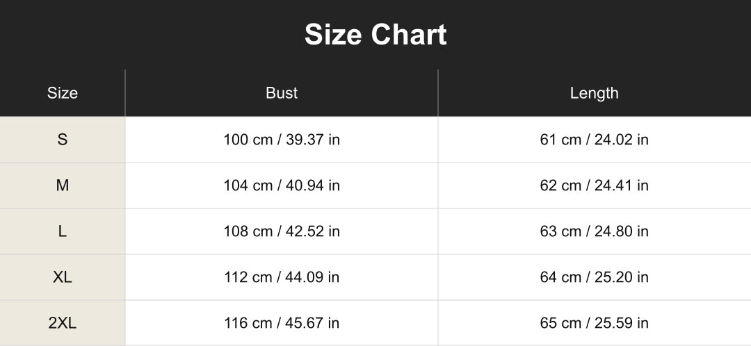 Aloveta cuct260863 size chart in cm and inches