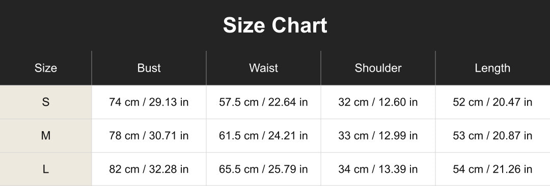 Aloveta cuct267124 size chart in cm and inches