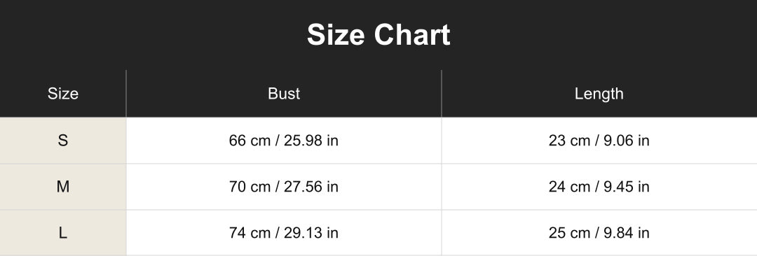 Aloveta™ Shortcake Cherries Sports Bra size chart in cm and inches