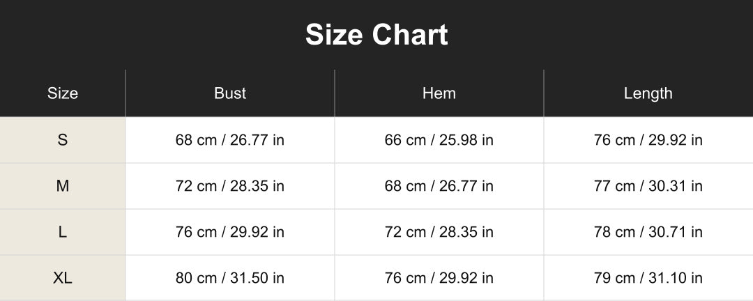 Aloveta cuac260704 size chart in cm and inches