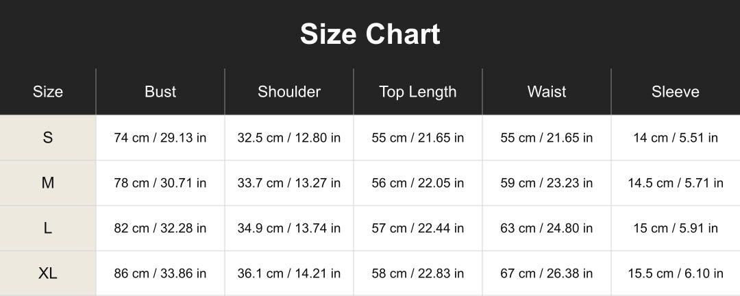 Aloveta cuac260705 size chart in cm and inches
