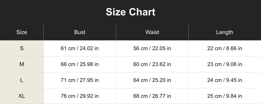 Aloveta cuac260725 size chart in cm and inches