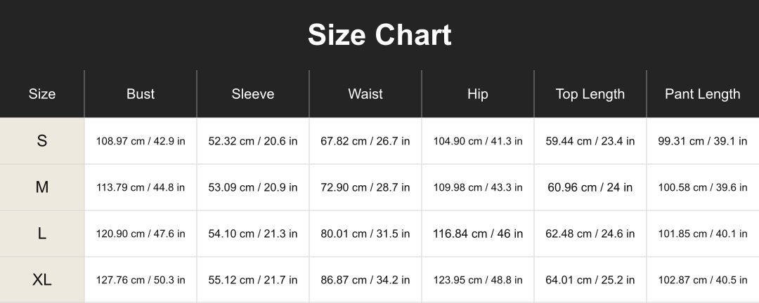 cuct251206 size chart in centimeters and inches