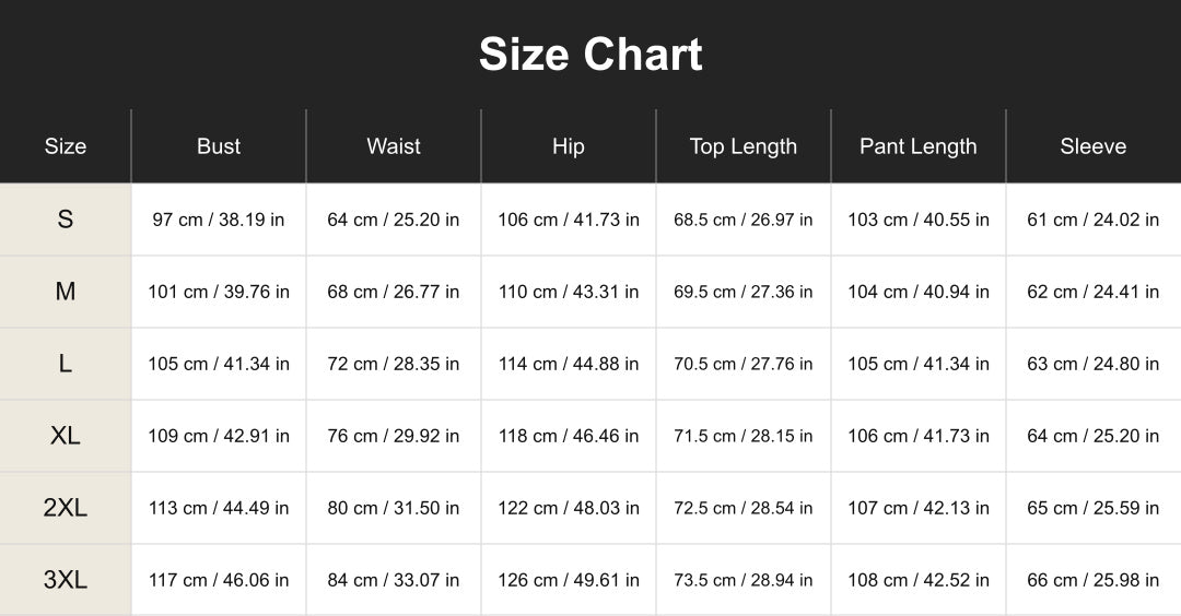 cuct260117 size chart in centimeters and inches