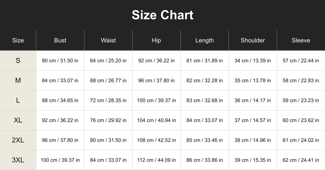 cuct260121 size chart in centimeters and inches