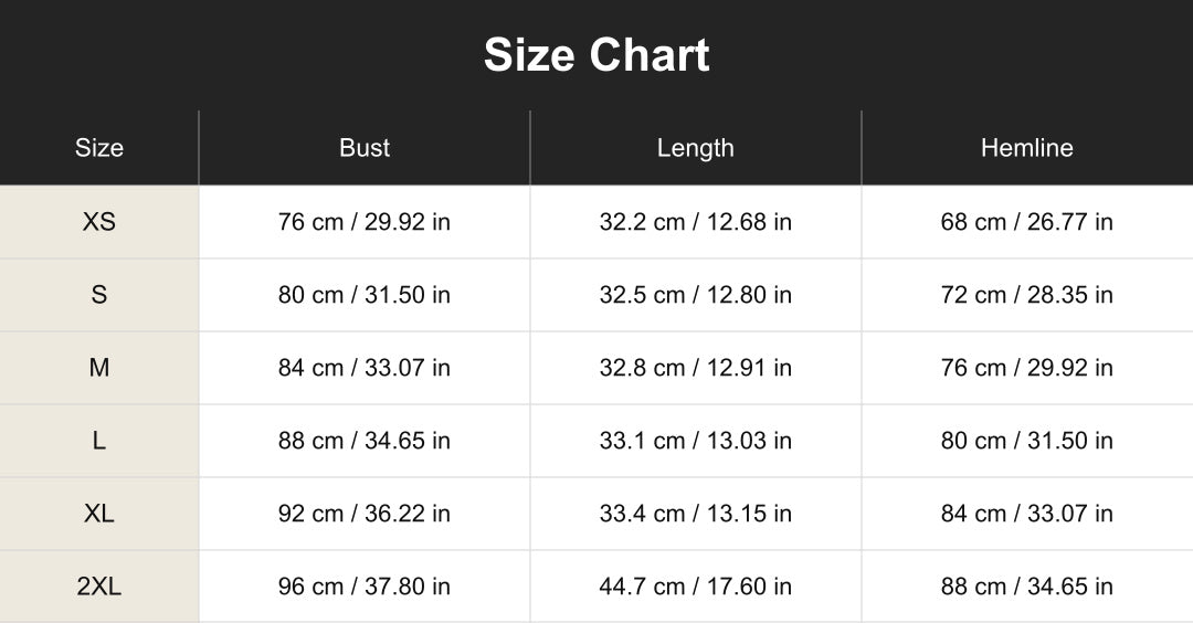 cuct260404 size chart in centimeters and inches