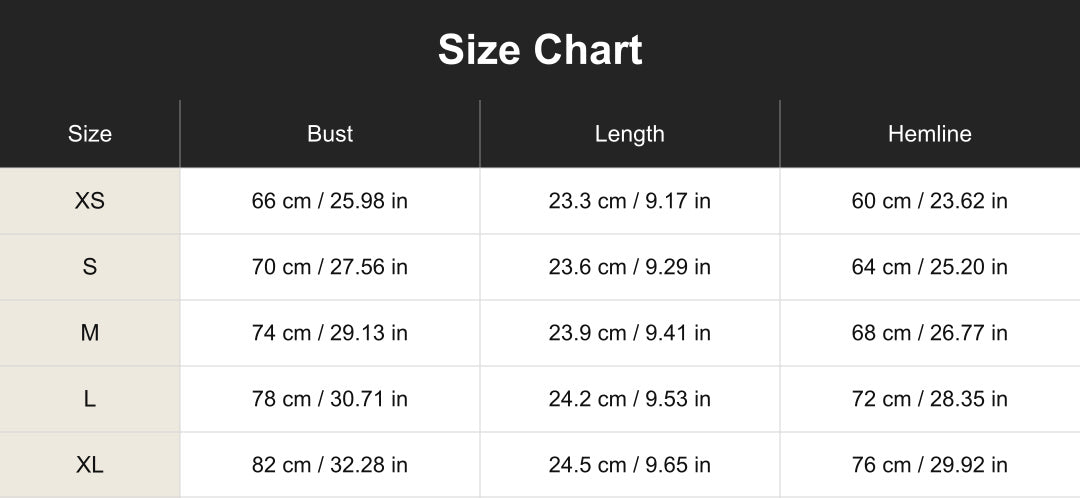 cuct260408 size chart in centimeters and inches