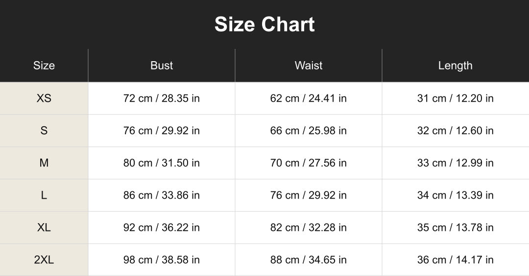 cuct260410 size chart in centimeters and inches