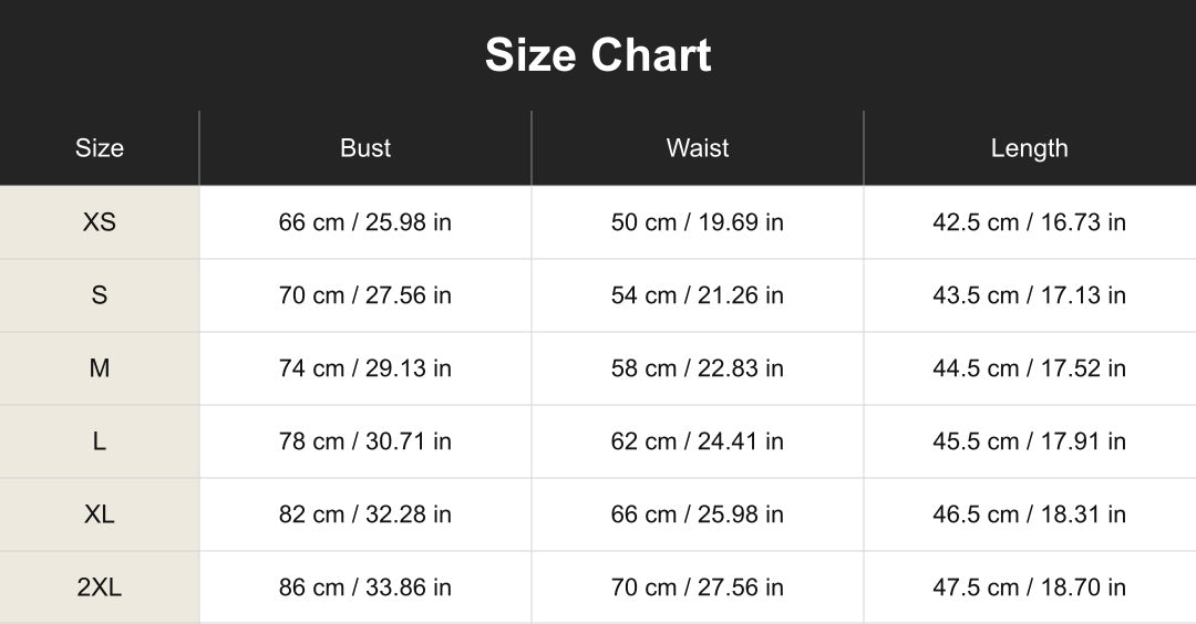 cuct260411 size chart in centimeters and inches