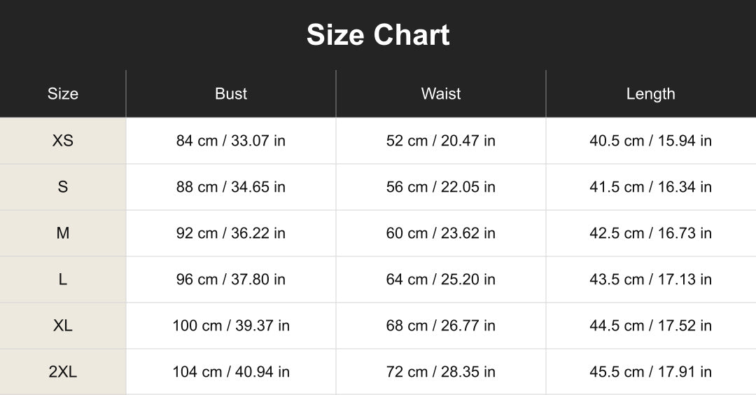 cuct260412 size chart in centimeters and inches