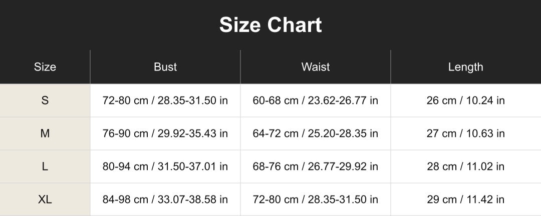 cuct260414 size chart in centimeters and inches