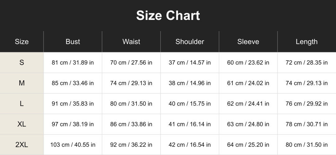 cuct260514 size chart in centimeters and inches
