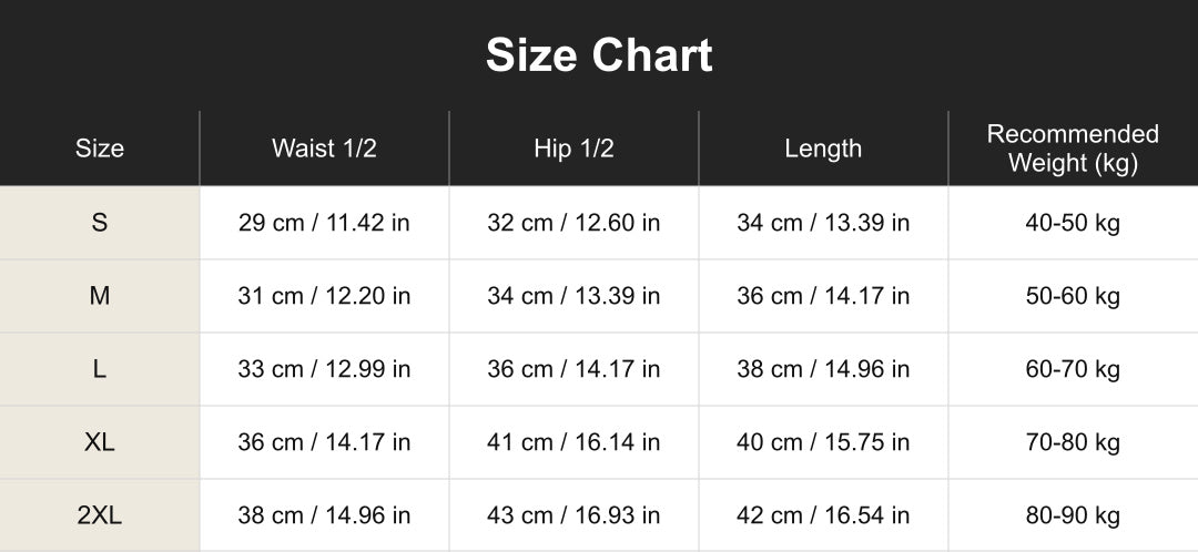 cuct260532 size chart in centimeters and inches