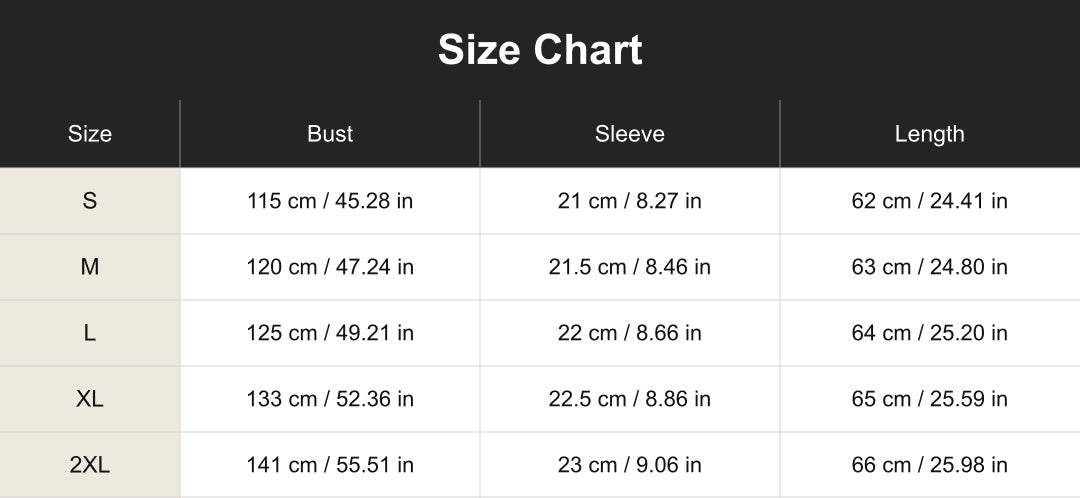 cuct260571 size chart in centimeters and inches