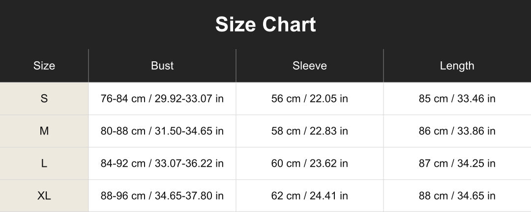 cuct260582 size chart in centimeters and inches