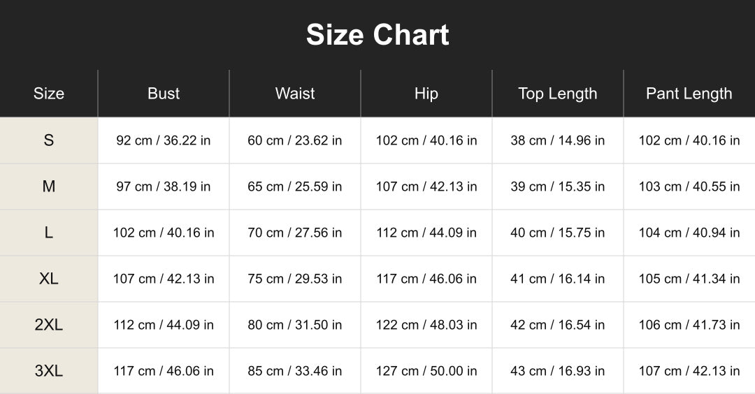 cuct260593 size chart in centimeters and inches