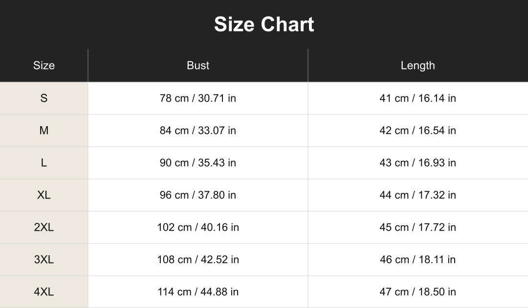 cuct260594 size chart in centimeters and inches